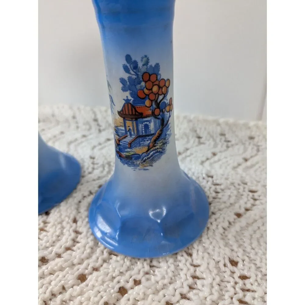 2 Pcs Porcelain Candlestick Holders - Blue with Japanese Garden Scene